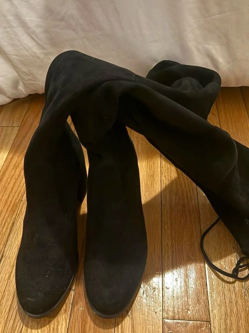 Stuart Weitzman Black Over-the-Knee Tie-Back Block Heel Boots